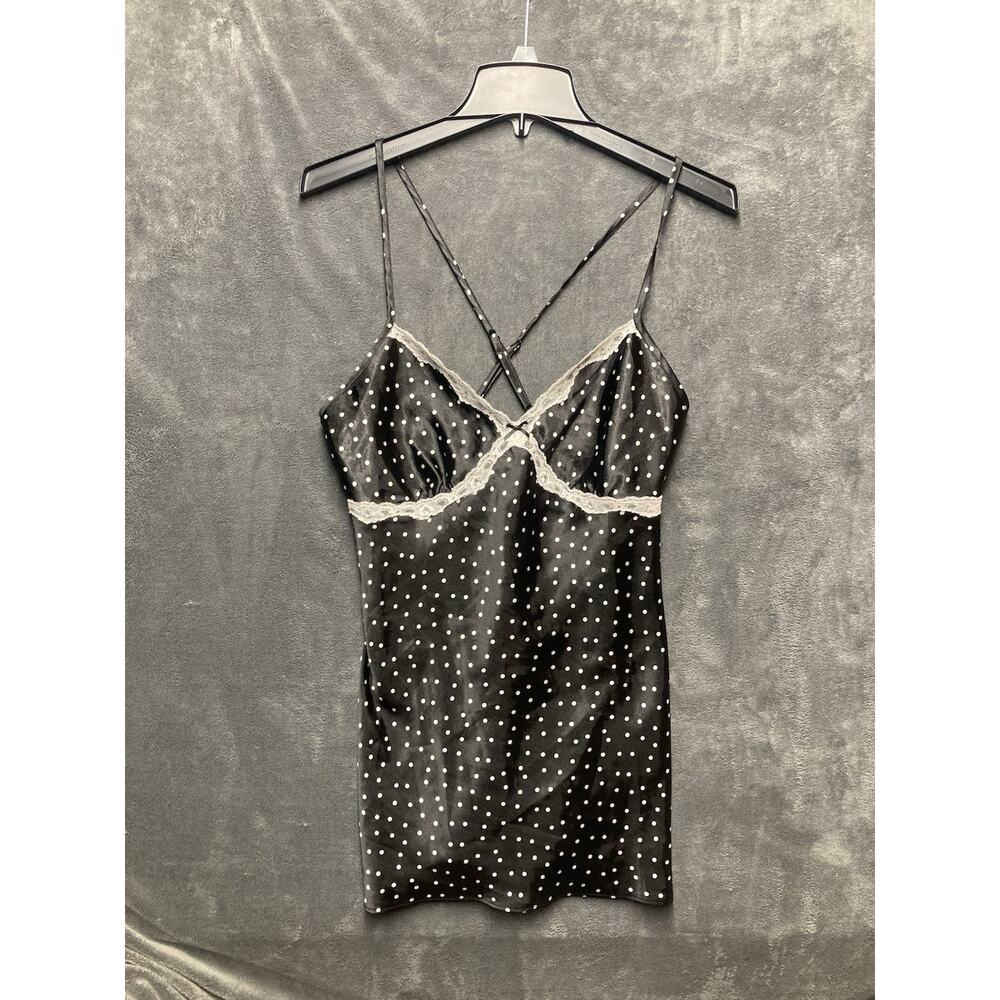 Y2K Satin Babydoll Black Polka Dot Camisole Lace Trim Sz M Coquette Whimsigoth